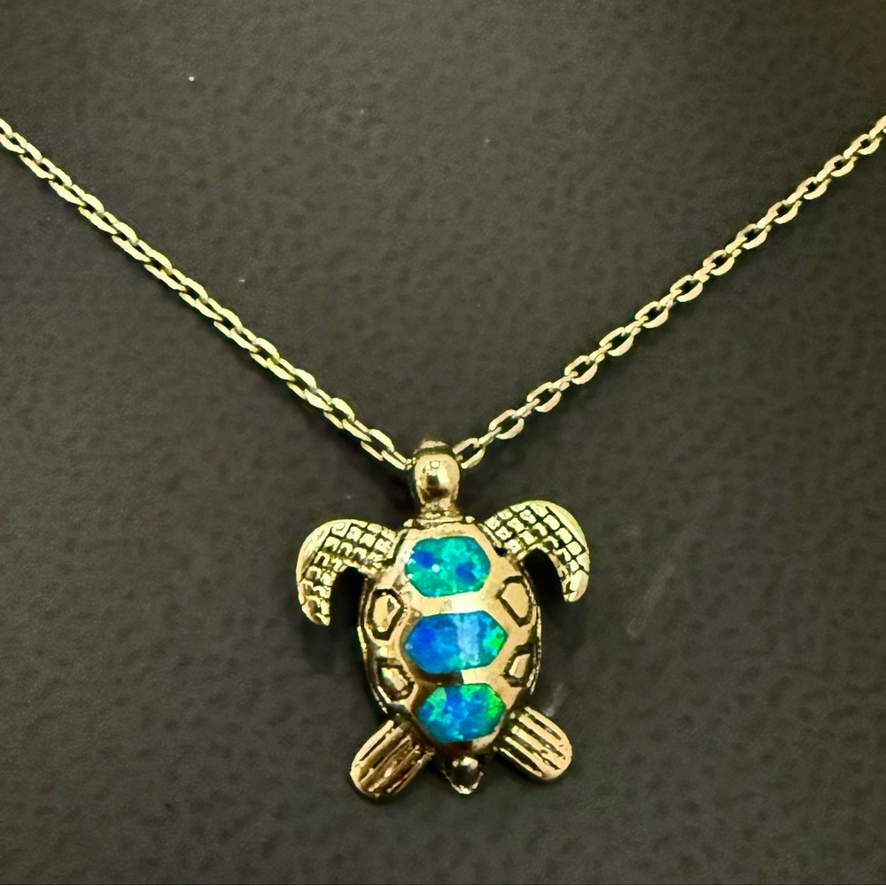 925 Sterling Silver Blue Opal Inlay Sea Turtle Pendant 16” Necklace 3g. - Picture 9 of 15